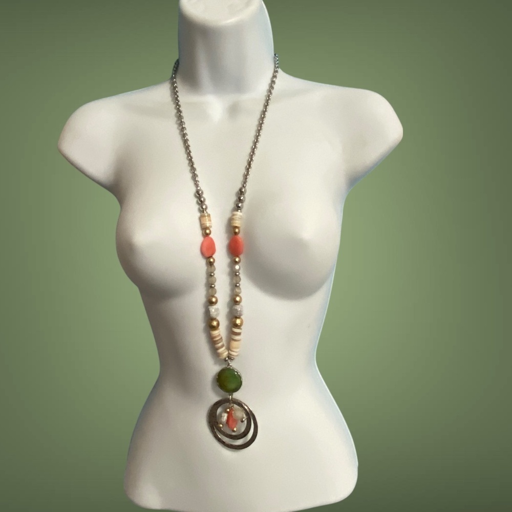 CHICO'S Silver Tone Chain Orange Cream Long Necklace Pendant Bohemian 34"
